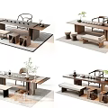 Chinese Style Wooden Tea Table and Chairs with Tea Set Green Plants and Stools