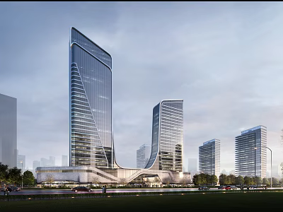 Modern Office Building Complex With Glass Facade And Urban Landscape Design 3d model