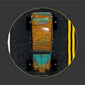 Vintage Modified Car With Orange Blue Rusty Exterior Large Wheels And Yellow Lines On Platform