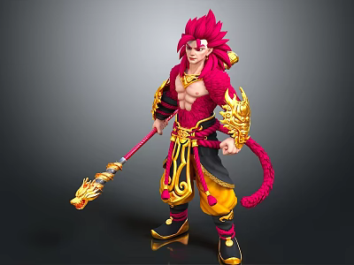 Mythical Warrior Character With Red Hair Golden Armor And Dragon Staff Tail 3d model