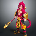 Mythical Warrior Character With Red Hair Golden Armor And Dragon Staff Tail