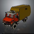 Red Off Road Adventure Truck With Yellow Cargo Box Large Tires And Roof Rack