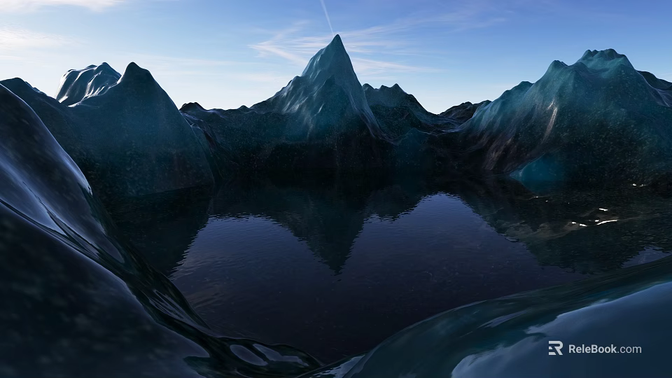 Breathtaking Blue Ice Mountains Landscape With Calm Reflective Lake Under Bright Clear Vast Blue Sky 3d model 