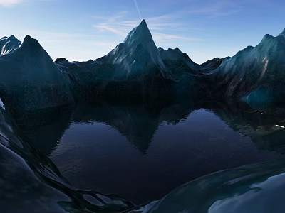 Breathtaking Blue Ice Mountains Landscape With Calm Reflective Lake Under Bright Clear Vast Blue Sky 3d model