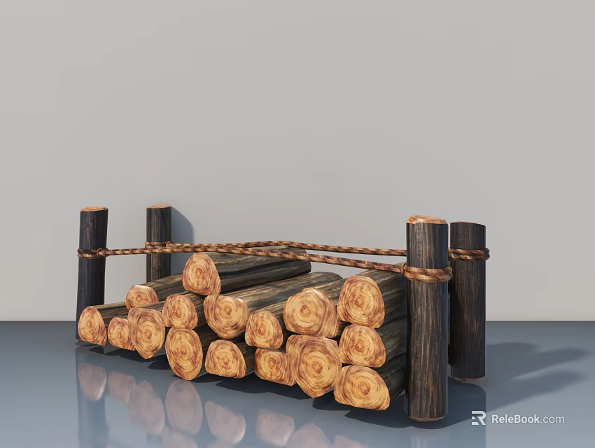 Wooden Swing Door With Rope Bundled Logs Black Stands And Gray Wall Floor Background 3d model 