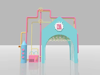 Arched Activity Entrance Design With Blue Pink Yellow Pipes And Cartoon Badge Decoration 3d model