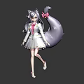 Anime Cat Girl Character With Purple Hair Pink Bow Tail And White Uniform Dress