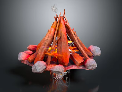 Rustic Campfire Arrangement With Stacked Logs Surrounding Stones And Flaming Embers 3d model