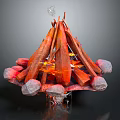 Rustic Campfire Arrangement With Stacked Logs Surrounding Stones And Flaming Embers