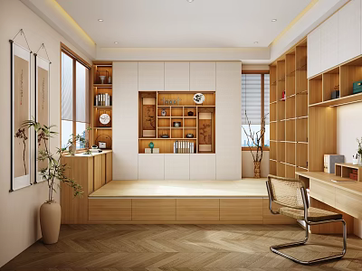 Tatami Bedroom With Wooden Furniture Bookshelves Desk And Herringbone Floor 3d model