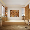 Tatami Bedroom With Wooden Furniture Bookshelves Desk And Herringbone Floor