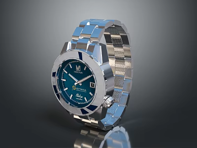 Elegant Silver Watch With Blue Dial Round Case And Metal Bracelet Design 3d model
