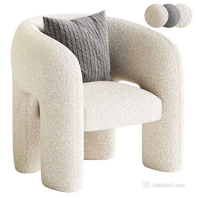 Beige Plush Single Sofa with Rounded Arms Curved Legs and Gray Knitted Cushion 3d model 