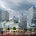 Modern Office Building With Glass Curtain Walls Atrium Open Space Greenery Skybridge And Pedestrians