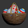 Decorative Ornament Set With Wooden Handle Woven Basket And Colorful Patterned Eggs