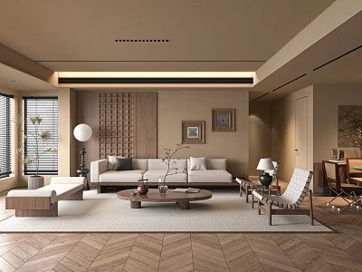 Natural Style Living Room Interior With Beige Sofa Wooden Coffee Table And Geometric Floor 3d model