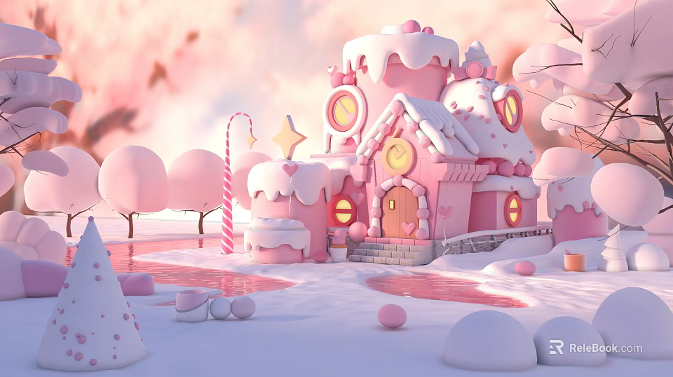 Whimsical Pink Candy House With Snowy Ground And Candy Cane Decorations 3d model 