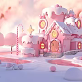 Whimsical Pink Candy House With Snowy Ground And Candy Cane Decorations