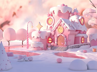 Whimsical Pink Candy House With Snowy Ground And Candy Cane Decorations 3d model