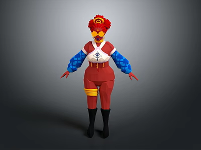 Woman In Red And White Outfit With Red Hair Blue Sleeves Yellow Belt Black Boots 3d model