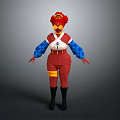 Woman In Red And White Outfit With Red Hair Blue Sleeves Yellow Belt Black Boots