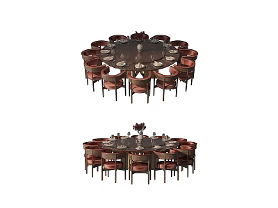 Classic Round Dining Table Set With Brown Chairs And Floral Centerpiece 3d model