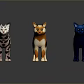 Three Colorful Cat Figurines With Striped Calico And Blue Patterns On Grey Surface