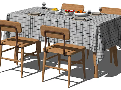 Wooden Dining Table Set With Checkered Tablecloth Plates Bowls Fruits And Chairs 3d model