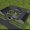 Traditional Chinese Garden Courtyard With Tiled Roof Stone Paved Ground Bamboo And Green Plants
