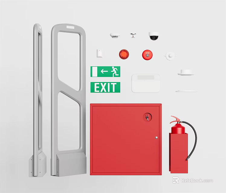 Fire Safety Equipment Set With Red Exit Door Fire Extinguisher And Green Exit Sign 3d model 