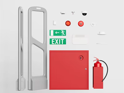 Fire Safety Equipment Set With Red Exit Door Fire Extinguisher And Green Exit Sign 3d model