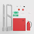 Fire Safety Equipment Set With Red Exit Door Fire Extinguisher And Green Exit Sign