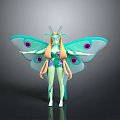 Green Game And Movie Character With Butterfly Wings Purple Spots And Long Blonde Hair