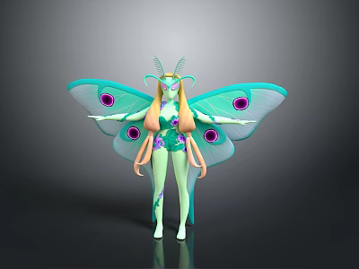 Green Game And Movie Character With Butterfly Wings Purple Spots And Long Blonde Hair 3d model