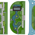 Garden Landscape with High Rise Buildings Blooming Trees Deer Sculpture Stream Fountain and Stepping Stones