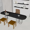Modern Tea Table and Chairs with Black Tabletop Brown Seats Tea Set Vase and Bookshelves