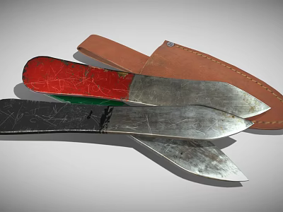 Vintage Knives With Colored Handles And Metal Blades Near Leather Sheath 3d model