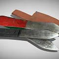 Vintage Knives With Colored Handles And Metal Blades Near Leather Sheath