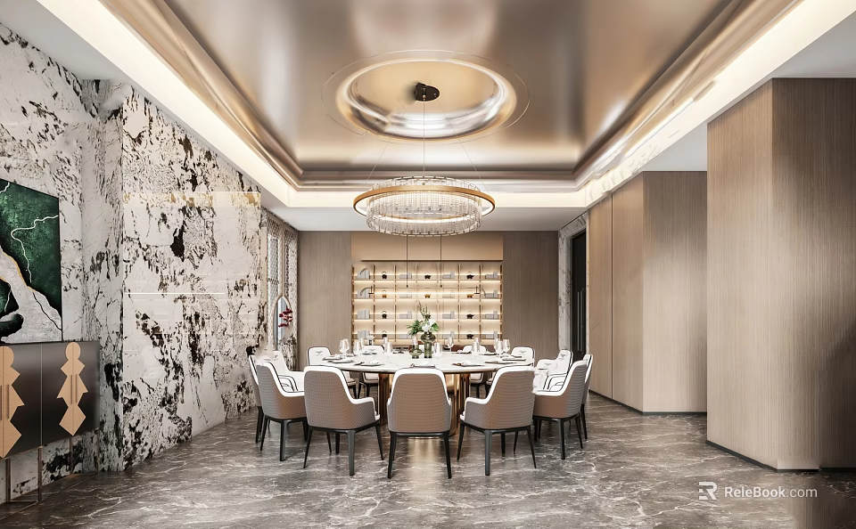 Luxurious Private Dining Room With Marble Walls Round Table And Chandelier 3d model 