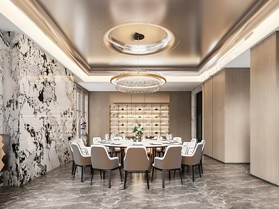 Luxurious Private Dining Room With Marble Walls Round Table And Chandelier 3d model