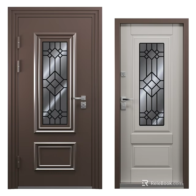 Brown And White Hinged Doors With Geometric Pattern Glass And Metal Handles 3d model 