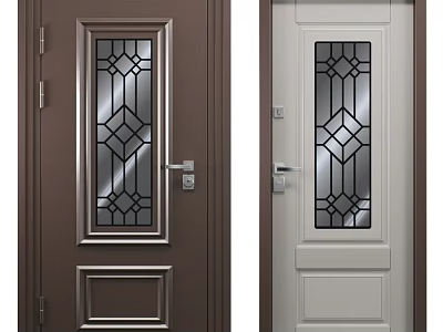 Brown And White Hinged Doors With Geometric Pattern Glass And Metal Handles 3d model