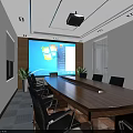 Modern Conference Room Interior With Long Wooden Table Black Chairs Large Screen And Projector