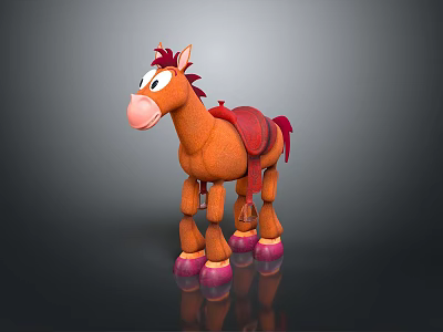 Cute Orange 3D Cartoon Horse Character With Red Mane Saddle And Pink Hooves 3d model