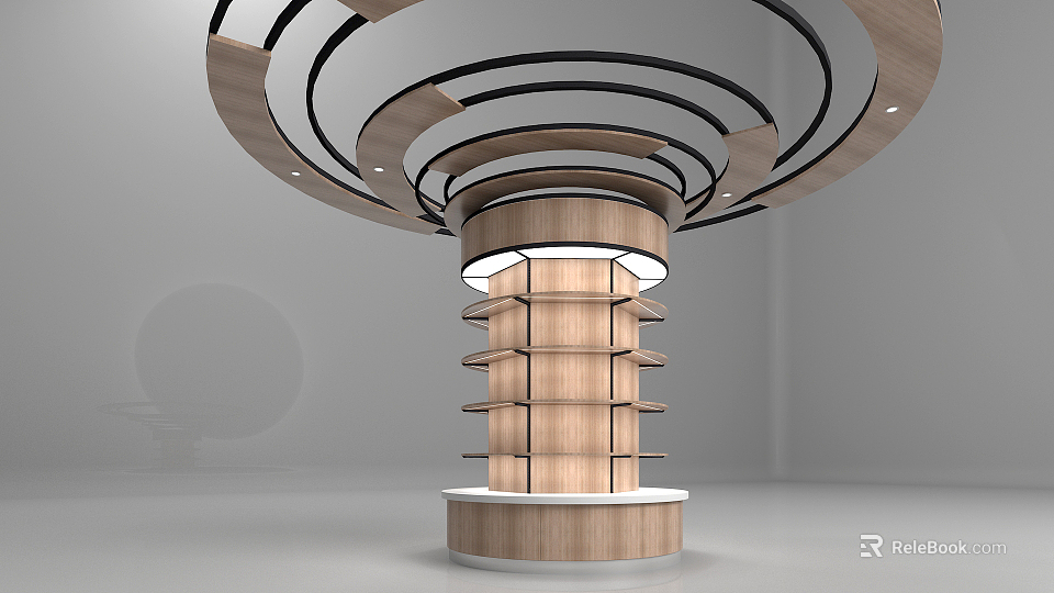 Modern Wooden Circular Column With Layered Shelves And Ring Shaped Overhead Decor Interior Design 3d model 
