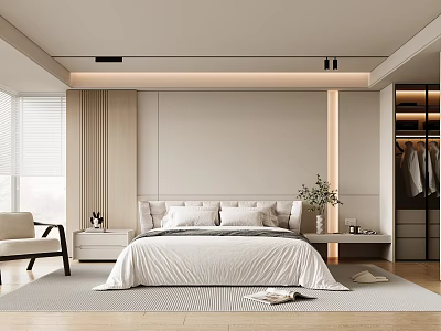 Modern Bedroom With White Bed Linens Wooden Floor Armchair Wardrobe And Curtains 3d model