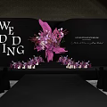 Elegant Banquet Hall With Purple Pink Floral Decorations And Geometric Backdrop Setup
