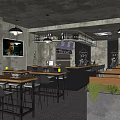 Industrial Bar Interior With Concrete Ceiling Hanging Lights Bar Counter Wooden Tables And Green Plants