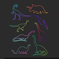 Colorful Dinosaur Silhouette Decorative Lights With Neon Lines On Black Background