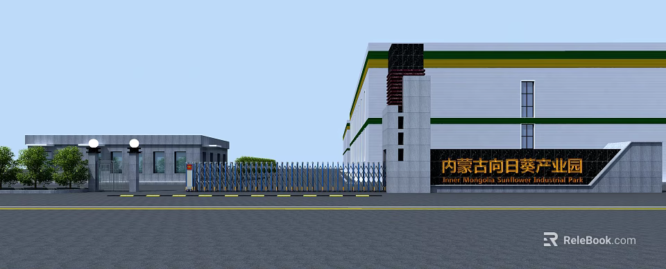 Blue Retractable Entrance Gate With Striped Exterior Black Pillars Gray Building And Green Trees 3d model 